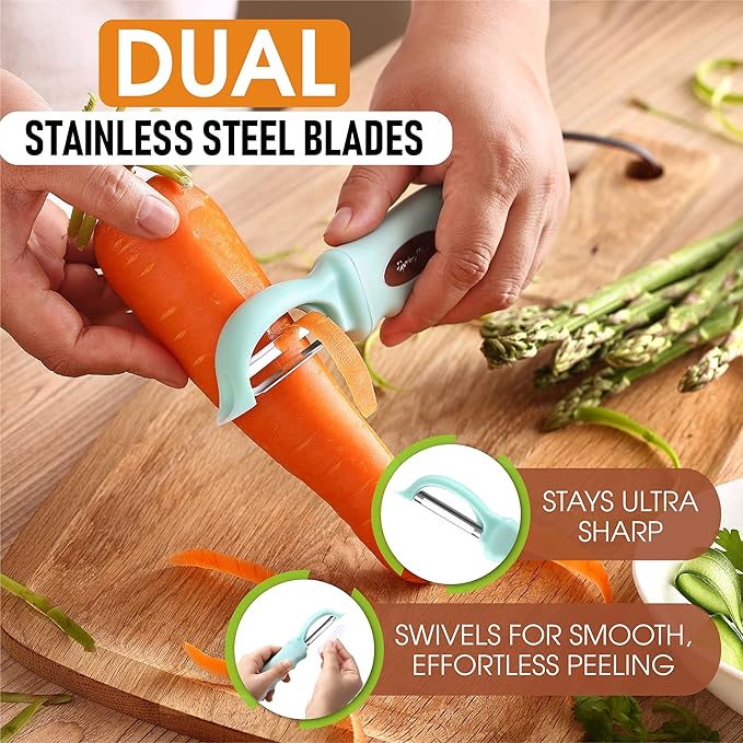 Spring Chef Premium Swivel Vegetable Peeler & Stainless Steel Magnetic Measuring Cups & Spoons, Set of 15 with Leveler - 2 Product Bundle - Mint