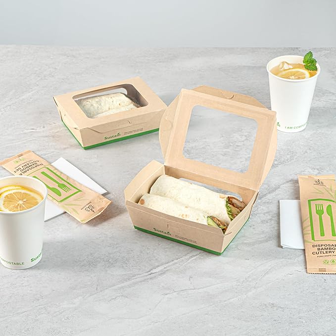 Restaurantware-Sustain 28 Ounce Sturdy Paper Take Out Boxes, 50 Disposable Take Out Food Containers - With PLA lining, Two Clear PLA Windows, Bamboo Paper Containers, Compostable, Tab-Lock Design