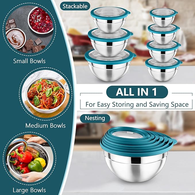 P&P CHEF Mixing Bowl with Lid Set, Stainless Steel Nesting Salad Bowls for Cooking Serving Prepping, Clear Lids & Stackable Design, Size 4.6, 3.5, 3, 2, 1.5, 1, 0.7 Qt - Blue, Set of 7