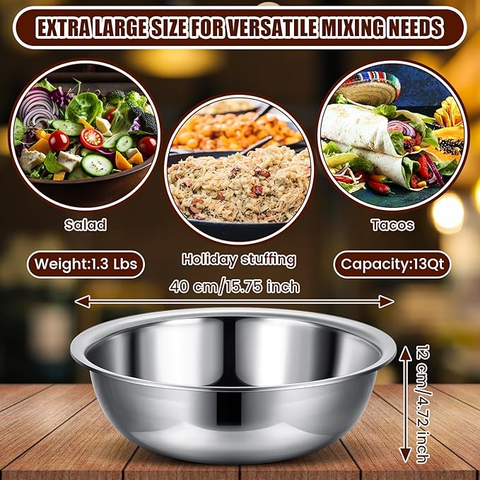 Nuogo 8 Pcs Stainless Steel Mixing Bowls Metal Mixing Bowls Extra Large Basin Salad Basin Deeper Edge Dishwasher Safe Mirror Finish for Home and Commercial, Silver (16 Inch 13 Qt)