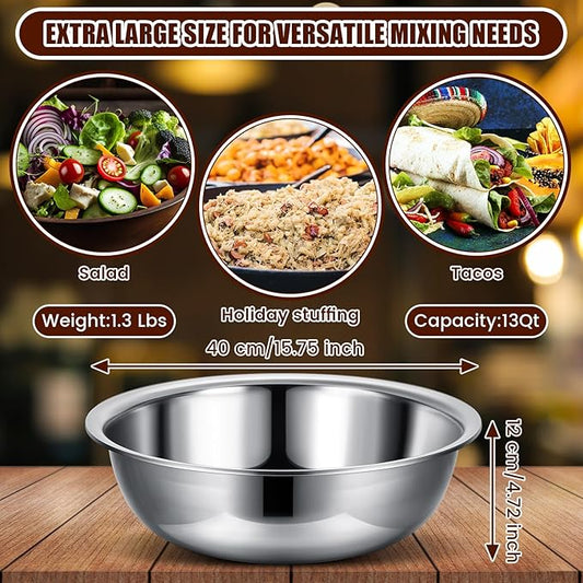 Nuogo 8 Pcs Stainless Steel Mixing Bowls Metal Mixing Bowls Extra Large Basin Salad Basin Deeper Edge Dishwasher Safe Mirror Finish for Home and Commercial, Silver (16 Inch 13 Qt)