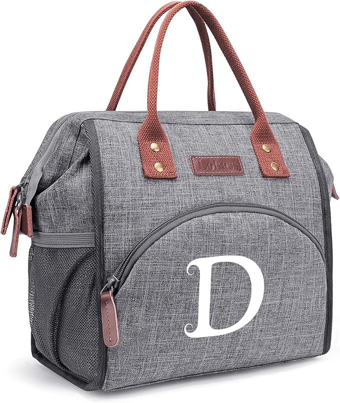 Personalized Lunch Box for Women, Initial Reusable Insulated Lunch Bag, Wide-Open Adult Lunchbox Cooler Lunchbag Snack Organizer, Initial Leakproof Lunch Tote Bag for Picnic Work Outdoors Grey - D