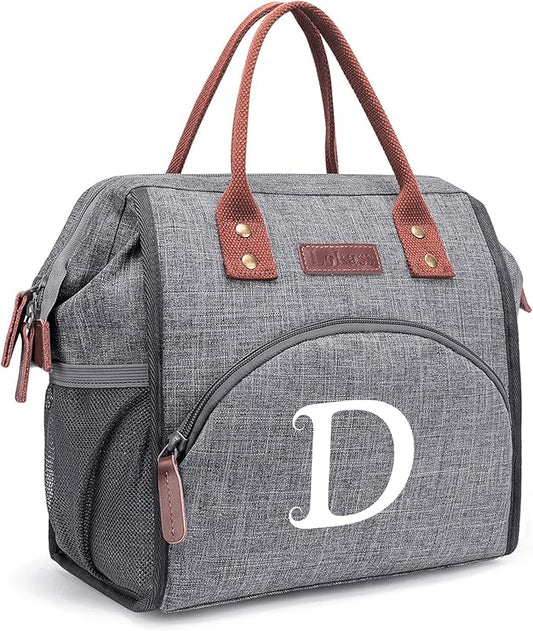 Personalized Lunch Box for Women, Initial Reusable Insulated Lunch Bag, Wide-Open Adult Lunchbox Cooler Lunchbag Snack Organizer, Initial Leakproof Lunch Tote Bag for Picnic Work Outdoors Grey - D