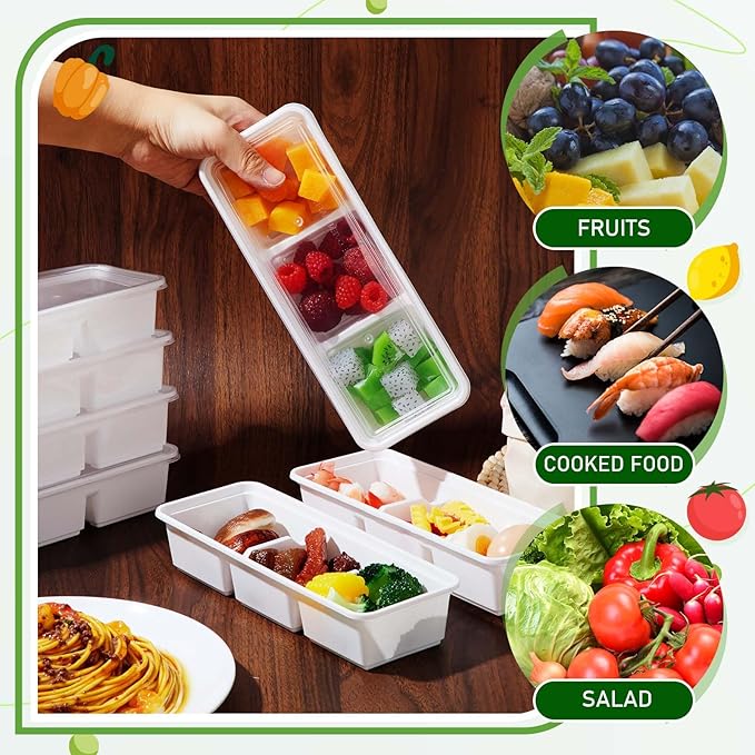Hushee 100 Pack 17 oz Small Meal Prep Containers 3 Compartments with Lids, Disposable Plastic Bento Boxes Reusable Stackable Food Containers Travel Lunch Boxes for Office, Picnic (White)