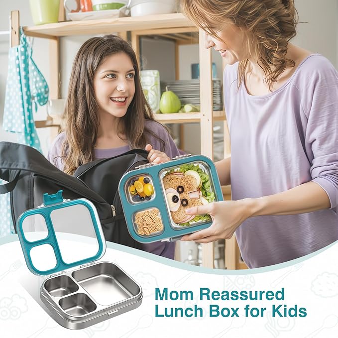 Stainless Steel Lunch Box, 3 Compartments Metal Bento Box for Kids Adults, Leak-Proof Lunch Box for School Office, Dishwasher Safe, BPA-Free, Tritan Lid, Blue