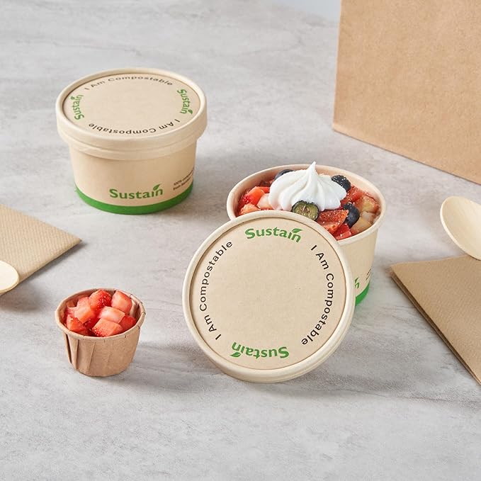 LIDS ONLY: Sustain Round Paper Soup Container Lids, 200 Disposable Ice Cream Cup Lids - Cups Sold Separately, For 5 Ounce Cups, Bamboo To Go Cup Lids, With PLA lining, Compostable - Restaurantware