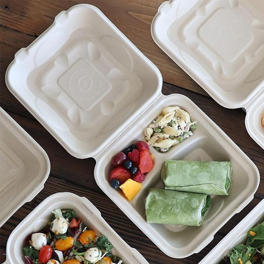 World Centric Compostable Clamshell Container 8x8x3'', 3-Compartment – Grease and Moisture Resistant – 100 Pack