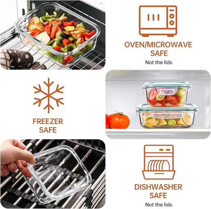 HOMBERKING 8 Pack Glass Food Storage Containers with Lids, Meal Prep Containers, Airtight Bento Boxes with Leak Proof Locking for Microwave, Oven, Freezer and Dishwasher, BPA Free, 5-35oz, light blue