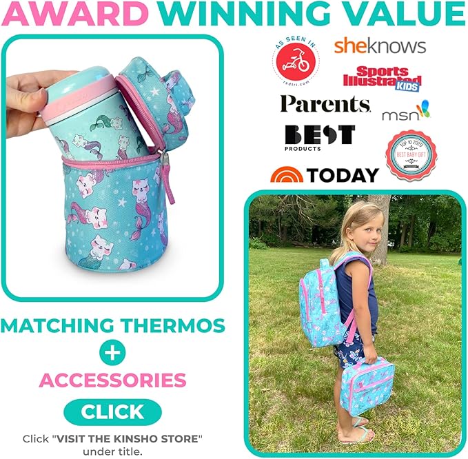 kinsho Bento Lunch Box. Insulated Bag, Water Bottle & Ice Pack Set for Kids, Toddlers, Girls. 5 Portion Sections, Removable Tray, Pre-School Toddler Daycare Lunches, Snack Container, Aqua Cat Mermaid