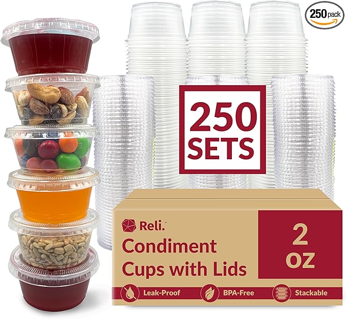Reli. 2 oz Small Containers with Lids (250 Sets) | Jello Shot Cups with Lids | Clear Plastic Condiment Containers | Portion Cups, Sauce, Souffle | Stackable | Bulk