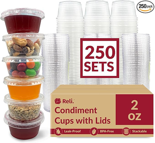 Reli. 2 oz Small Containers with Lids (250 Sets) | Jello Shot Cups with Lids | Clear Plastic Condiment Containers | Portion Cups, Sauce, Souffle | Stackable | Bulk