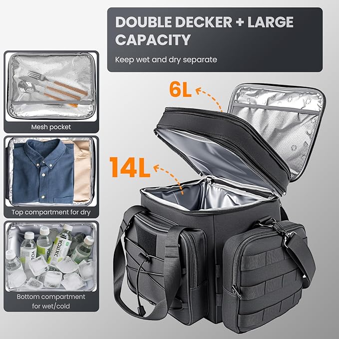 Tactical Lunch Box for Men, 20L Expandable Double Insulated Cooler Bag with Detachable Molle Pouches, Modern Tote for Adults, Waterproof and Leakproof for Work, Camping, Picnic, Hiking