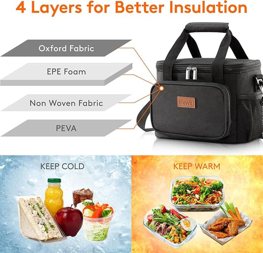 Lifewit Large Lunch Bag Insulated Lunch Box Soft Cooler Cooling Tote for Adult Men Women, Black 12-Can (9L)