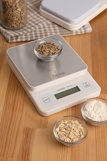 Nave Stainless Steel Kitchen Scale, Digital Food Scale Grams and Ounces for Baking, Cooking, Dieting and Meal Prep, with 5 Units Tare Function & LCD Display 0.05oz/1g