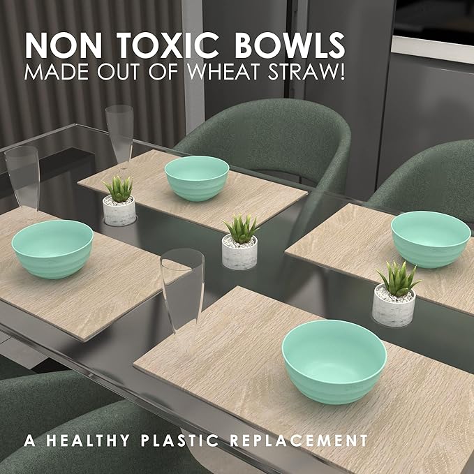 60 OZ 6 Big Bowl Set - Wheat Straw Bowls - Unbreakable Microwave Safe Large Cereal, Salad, Serving Bowls for Kitchen and Family Movie Night (Light Mint Green)