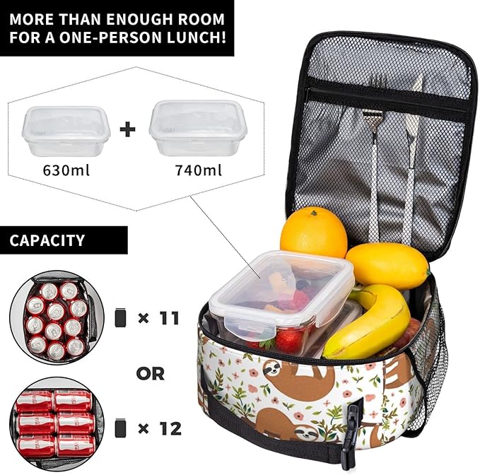 YETTA YANG Sloth Cute Portable Lunch Bag Insulated Lunch Box Reusable Totes For Women Men Work Picnic Camping