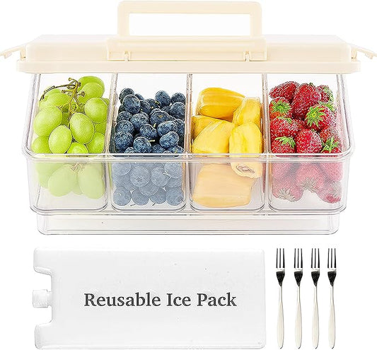 Portable Snackle Box Container with Ice Pack, 4 Large Compartments Chilled Travel Charcuterie Tray with Lid & Forks, Cooling Divided Serving Tray, for Outdoor Parties, Picinics