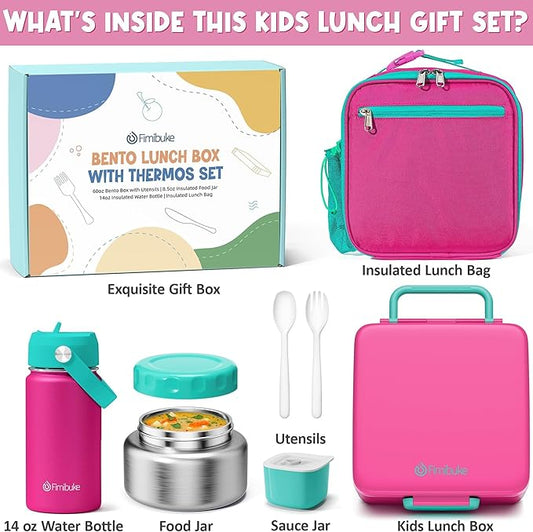 Fimibuke Bento Box for Kids Adult - Leakproof 3-4 Compartments Lunch Bento Box Set with Insulated Thermos Food Jar, Water Bottle, Lunch Bag, Sauce Cup & Cutlery for Toddler Teen Shcool Girl Boy Age 3+