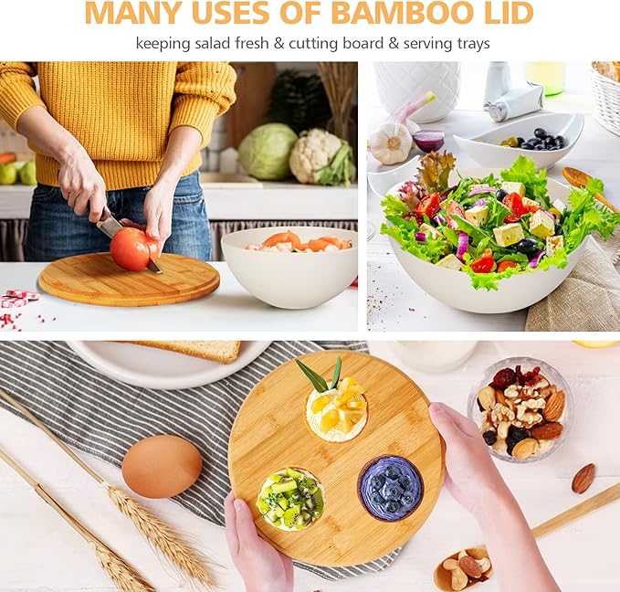 ShineMe Salad Bowl with Lid, Natural Bamboo Fiber Serving Bowls Set of 3 with Bamboo Wood Lids, Beige Mixing Bowls Set for Preparing, Storing and Serving Salad Fruit Chips Bread(10",8",6")