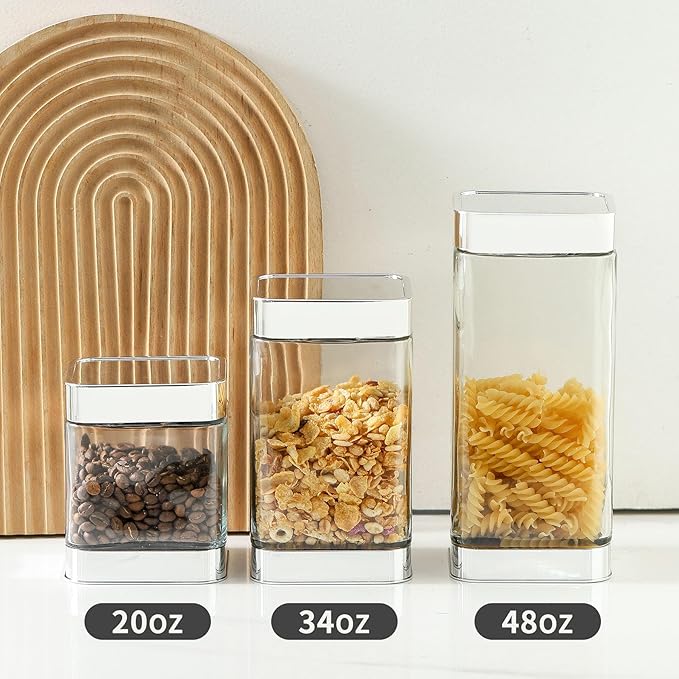 Glass Storage Jars-Large Kitchen Glass Canisters with Airtight Lids -Coffee Pasta Sugar Tea Snack Nuts Cookie Flour Food Container - Set of 3， Silver