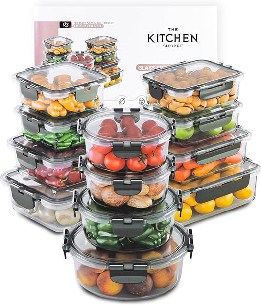 KITCHEN SHOPPE 24-Piece Borosilicate Glass Food Storage Containers | BPA-Free, Airtight, Reusable, Stackable Set for Meal Prep, Leftovers, or Lunch | Freezer, Oven, Microwave & Dishwasher Safe