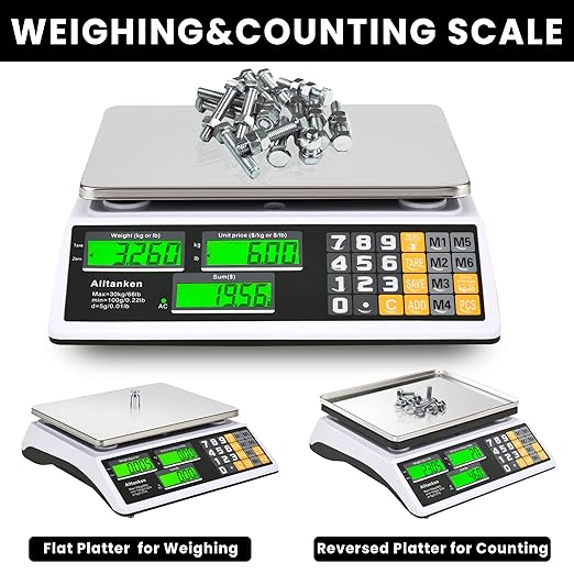 Price Computing Scale 66lb/30kg Commercial Food Scale with Price Calculator, Accurate Counting, Flat Reversed Platter, Dual LCD Display for Farmers' Markets Retail Deli Meat Shopsr Produce Weighing