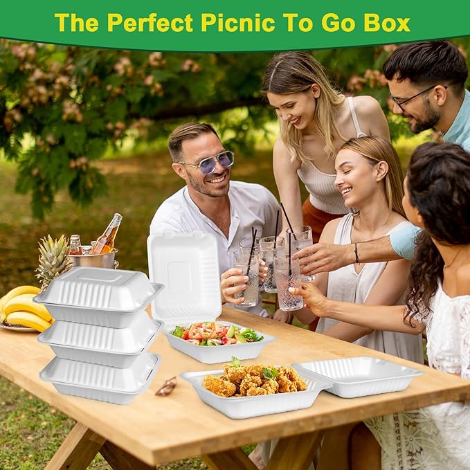 To Go Food Containers Disposable, Compostable Clamshell Containers 8x8, To Go Boxes For Food 100 Pack, Biodegradable Sugarcane Take Out Containers, Disposable Food Containers With White Bagasse