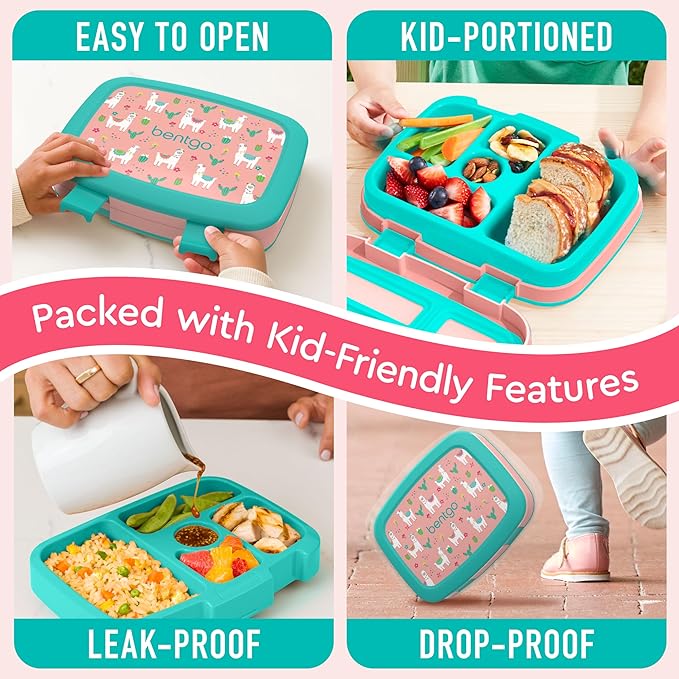 Bentgo Kids Prints Leak-Proof, 5-Compartment Bento-Style Kids Lunch Box - Ideal Portion Sizes for Ages 3-7, Durable, Drop-Proof, Dishwasher Safe, & Made with BPA-Free Materials (Llamas)