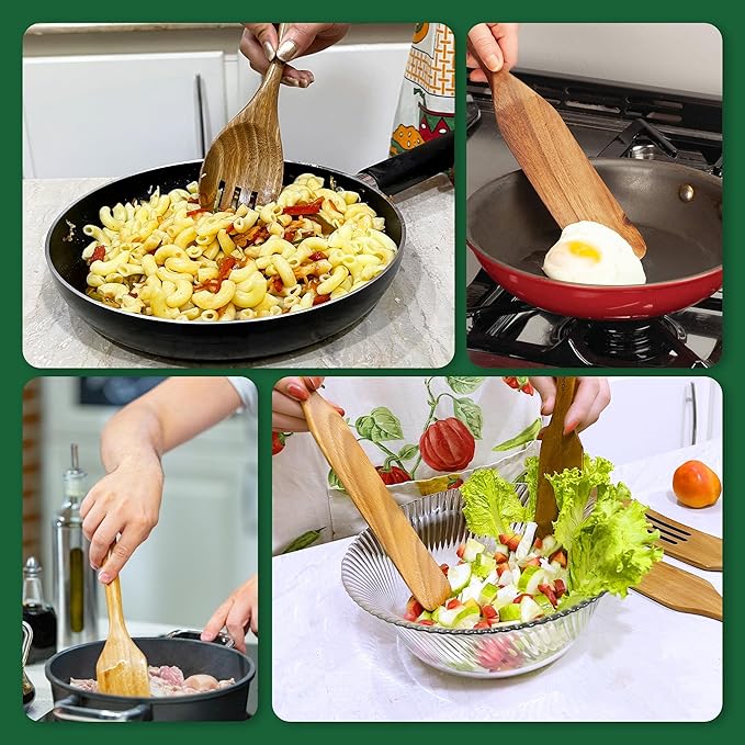 10 Pcs Wooden Spurtle Set - Safe for Nonstick Cookware - Stirs Like a Spoon, Flips Like A Spatula - 100% Natural Acacia Wood Cooking Utensils Set - Spurtles Kitchen Tools Wooden As Seen On TV Paddle