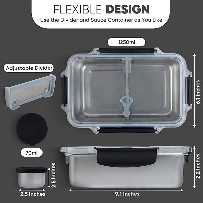 Bliss - Modern Leak proof Stainless Steel Lunch Box for Adults I Microwave safe | Metal Bento Box with 3 Compartments, Stainless steel Lunch Container, Metal Food Storage| Salad container