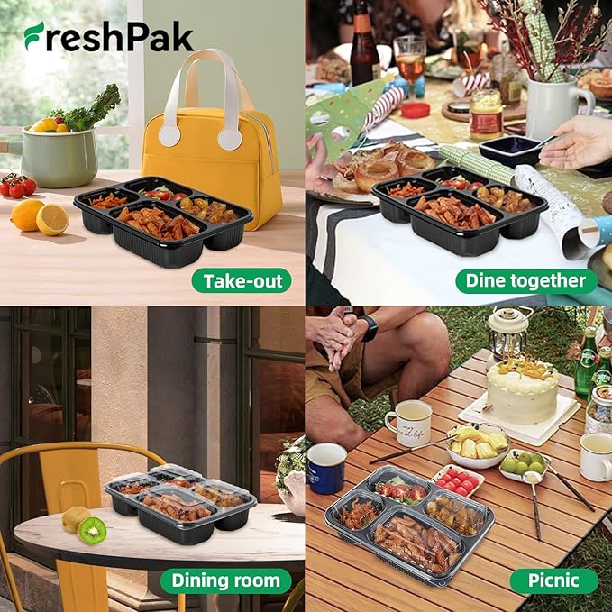 Meal Prep Container, 4 Compartment 40-Pack To Go Containers with Lids Reusable BPA Free Microwave and Freezer Safe Bento Boxes Ideal for Portion Control and Food Storage(34oz)