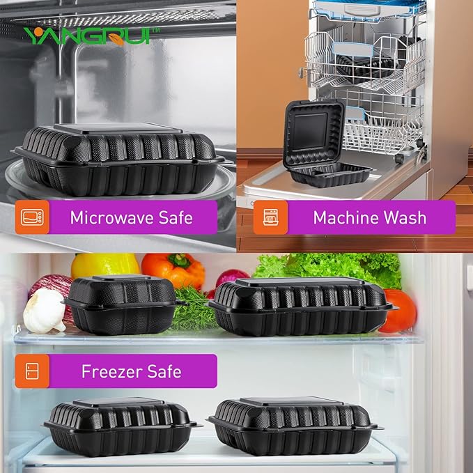 YANGRUI To Go Containers, Reusable 65 Pack 7.8 Inch BPA Free Black Clamshell Food Container 30 oz Shrink Wrap 3 Compartment Freezer and Microwave Safe MFPP Take Out Boxes