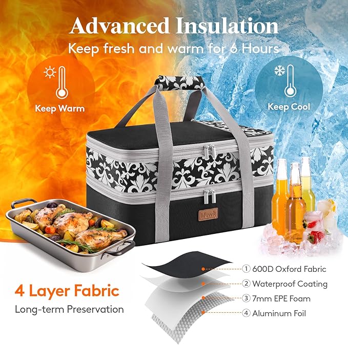 Lifewit Expandable Insulated Casserole Carrier for Hot or Cold Food, Double Decker Food Bag Lasagna Holder Carry Tote for Potluck Parties/Picnic/Cookouts, Fits 9"x13" Baking Dish, Black-Flowers