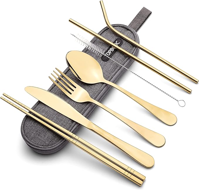 Portable Stainless Steel Flatware Set, Travel Camping Cutlery Set, Portable Utensil Travel Silverware Dinnerware Set with a Waterproof Case (Gold)