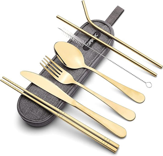Portable Stainless Steel Flatware Set, Travel Camping Cutlery Set, Portable Utensil Travel Silverware Dinnerware Set with a Waterproof Case (Gold)