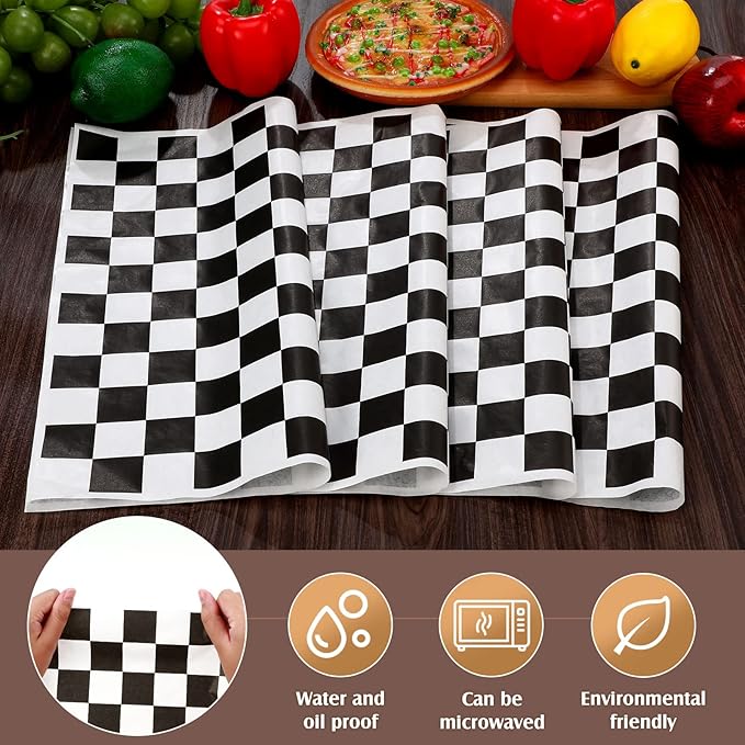 Honeydak 600 Pcs Sandwich Wrapping Paper Sheet 15x15 Checkered Food Wax Sheets Parchment Paper Basket Liner Grease Restaurant Wedding Party Supplies for Wrapping Bread Burgers(Black)