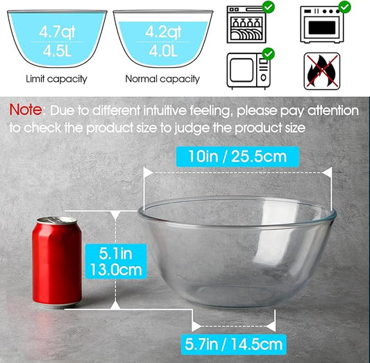 NUTRIUPS 4.7 Quart Large Glass Mixing Bowl, Clear Large Salad Bowls Glass Big Mixing Bowls for Kitchen