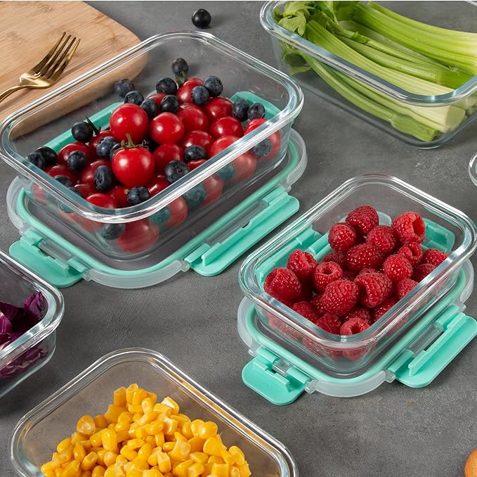 12 Pack Glass Storage Containers with Lids, Glass Meal Prep Containers Set, Airtight Food Storage Containers, Green