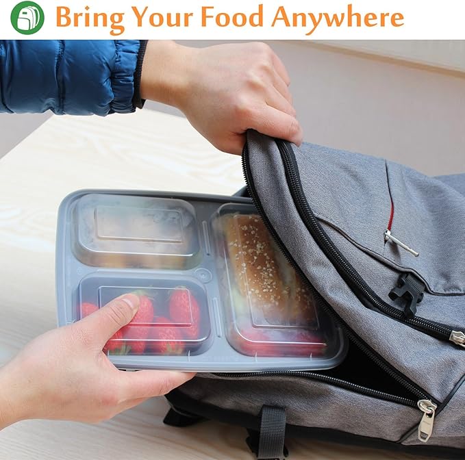 Enther Meal Prep Containers [20 Pack] 36oz 3 Compartment with Lids, Food Storage Bento Box with Souffle Cups BPA Free/Reusable/Stackable, Microwave/Freezer/Dishwasher Safe, Portion Control Black