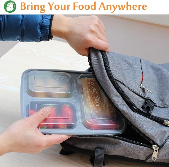 Enther Meal Prep Containers [20 Pack] 36oz 3 Compartment with Lids, Food Storage Bento Box with Souffle Cups BPA Free/Reusable/Stackable, Microwave/Freezer/Dishwasher Safe, Portion Control Black
