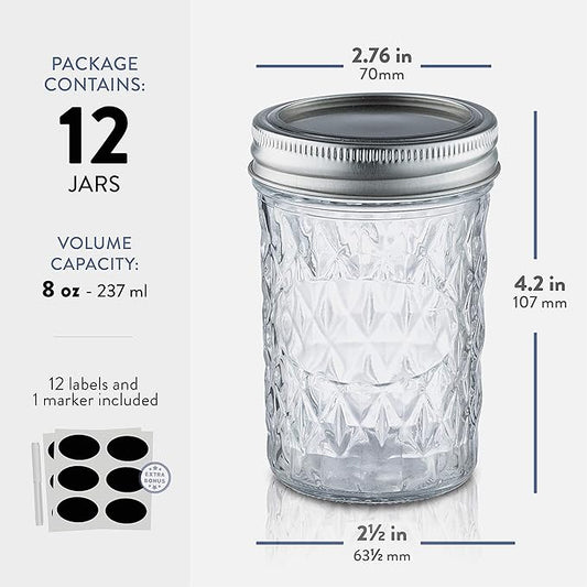Paksh Novelty Mason Jars - 12-Pack Quilted Glass Jars with Lid & Seal Bands - Airtight Container for Pickling, Canning, Candles