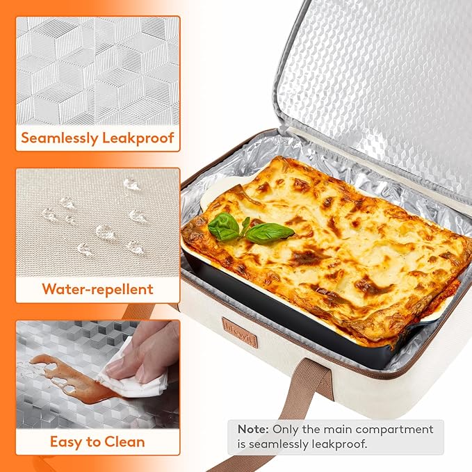 Lifewit Expandable Insulated Casserole Carrier for Hot or Cold Food, Double Decker Food Bag Lasagna Holder Carry Tote for Potluck Parties/Picnic/Cookouts, Fits 9"x13" Baking Dish, Cream-Geometric