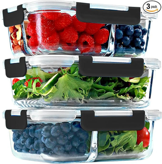 FIT Strong & Healthy Meal Prep Containers Glass, 1 & 2 & 3 Compartments – Glass Bento Box Adult Lunch Box, Glass Containers Meal Prep with Lids, Glass Container with Compartments, 35 oz, Black, 3 Pack