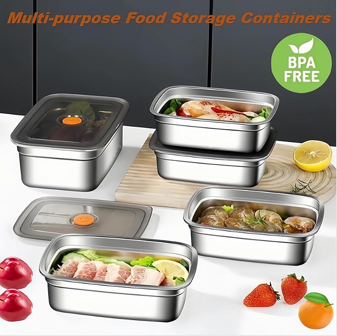 18/8 Stainless Steel Food Storage Containers with Lids Airtight, Stackable Meal Prep Containers for Freezer/Oven/Dishwasher Safe,Set of 2,1800ML