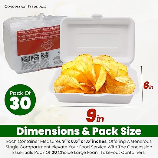 Concession Essentials Pack of 30CT 9" x 6.5" x 1.5" Inch Foam 1-Compartment Containers, White, Hinged, with Optional Venting, Polystyrene