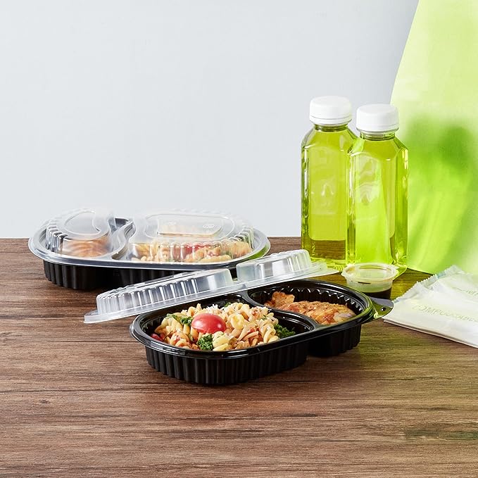 Restaurantware RW Base 20 Ounce Meal Prep Containers, 100 Microwavable To Go Containers With Lids - Disposable, Freezable, Black Plastic Oval Food Containers, Pack Hot And Cold Food, For Takeaway