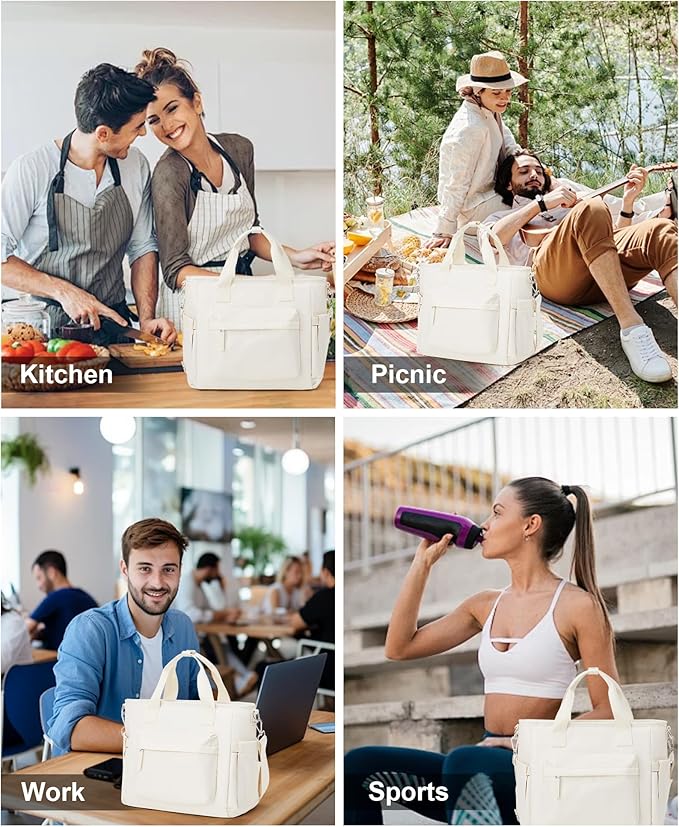 Lunch Bag Women,Large Adult Lunch Box for Women Men,Insulated Lunch Tote Bag For Work,Lunch Bags Loncheras Para Mujer With Shoulder Strap Water Bottle Holder Beige
