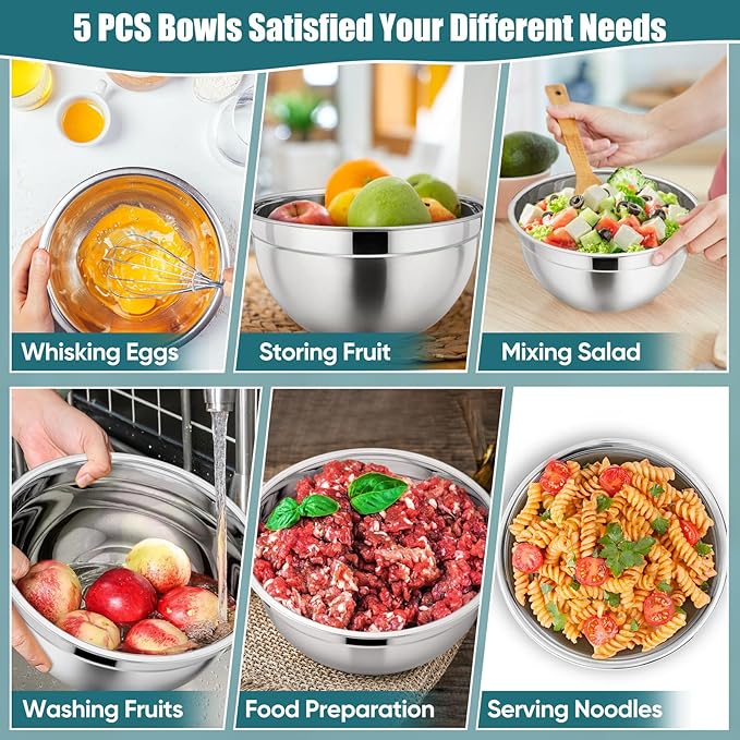 P&P CHEF Mixing Bowl with Lid Set of 5, 10-Piece Stainless Steel Nesting Salad Bowl Set for Prepping, Mixing and Serving, Size 4.6, 3, 1.5, 1, 0.7 QT, Rimmed Edges & Flat Base, Blue
