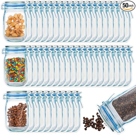 Jucoan 50 Pack Large Wide Mouth Mason Jar Zip Snack Bags, Reusable Airtight Leakproof Plastic Food Storage Zipper Saver for Home Kitchen Freezer Camping Travel Picnic