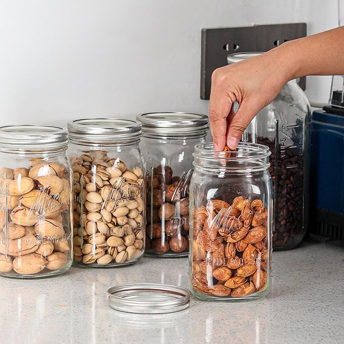 Wide Mouth Mason Jars - 32 oz, 12 Pack Large Glass Jars with Airtight Lids, 1 Quart for Pickling, Canning, Fermenting and Food Storage, Microwave & Dishwasher Safe